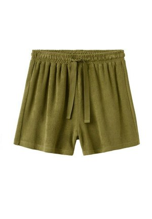 Olive green terry cloth shorts with elastic waistband and front drawstring, designed for casual wear.