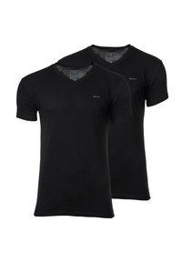 Dos camisetas de cuello en V negras, hechas de algodón suave, con mangas cortas, un corte regular y un pequeño logo en la parte izquierda del pecho.