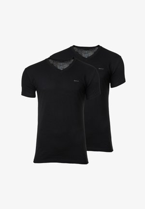 Two black v-neck t-shirts made of soft cotton, featuring short sleeves, a regular fit, and a small logo on the left chest area.