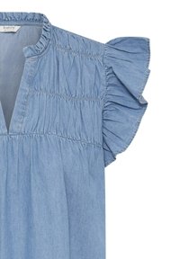 Hellblaue Jeansbluse mit tiefem V-Ausschnitt, gerafftem Oberteil und kurzen, gerafften Ärmeln.