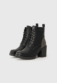 Black leather ankle boots with a chunky heel, featuring gold eyelets, lace-up design, and textured gray accent on the heel.