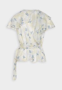 Květnatý peplum top v světlé žluté, modré a bílé barvě. Má volánkové rukávy a opasek na zavazování. Vyrobeno z lehké, hladké textilie.