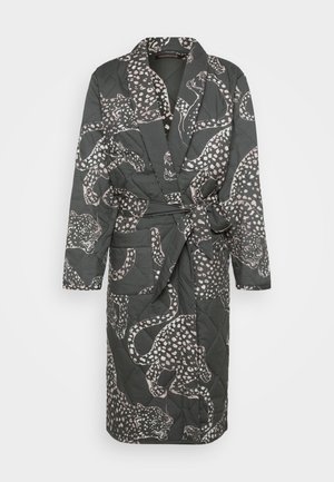 Quilted robe in dark gray featuring a leopard print design in pink and white, with a belt, collar, and two front pockets.