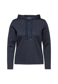 Marineblaue Kapuzenpullover mit vertikalen Streifen, Kordelzugkapuze und metallischen Beschlägen. Texturiertes Gewebe mit einem dezenten Designdetail am Saum.