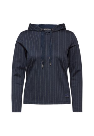 Marineblaue Kapuzenpullover mit vertikalen Streifen, Kordelzugkapuze und metallischen Beschlägen. Texturiertes Gewebe mit einem dezenten Designdetail am Saum.