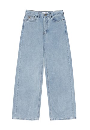 Jeans a gamba larga di colore azzurro chiaro, realizzati in denim, con vita alta, design a cinque tasche e cuciture visibili lungo le gambe e l'orlo.