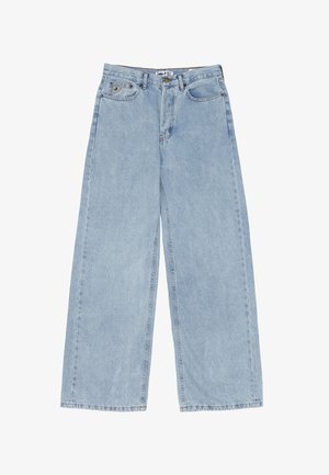 Jeans a gamba larga di colore azzurro chiaro, realizzati in denim, con vita alta, design a cinque tasche e cuciture visibili lungo le gambe e l'orlo.