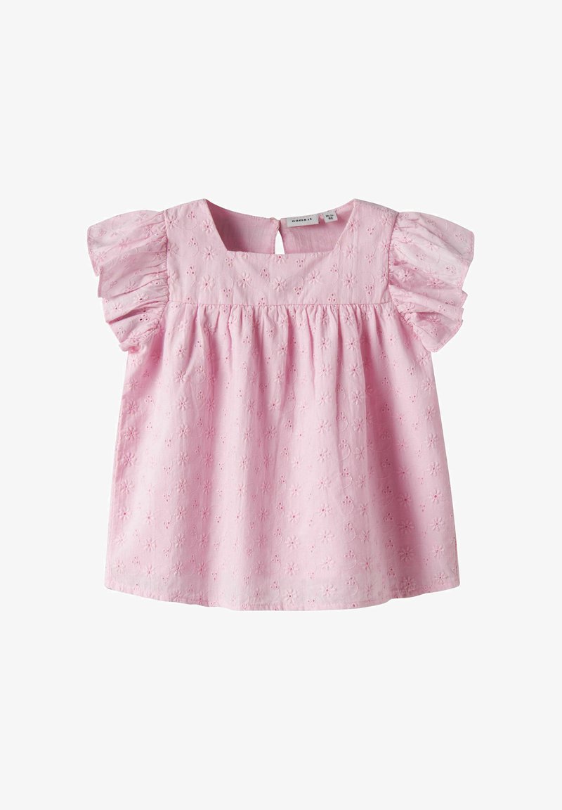Blouse rose clair pour tout-petit avec manches bouffantes et broderie florale en broderie anglaise, col carré et fermeture par bouton au dos.