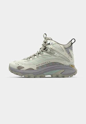 Light grey hiking boot with textured synthetic upper, reinforced toe cap, grey accents, and Vibram outsole for traction. Laces secured.
