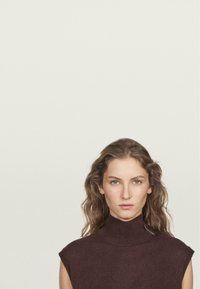Maglia a collo alto marrone con maniche corte, caratterizzata da una superficie liscia e un design minimal su uno sfondo neutro.
