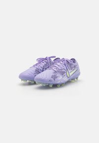 Purple football boots with textured upper, lace-up design, and multiple studs in a light green tone for traction on grass surfaces.