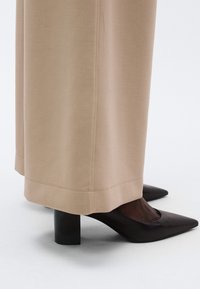 Beežid laiade pükstega, mis on sileda tekstuuri ja korraliku äärega, kombineeritud tumepruunide teravate ninaga kontsakingadega, millel on massiivne must konts.