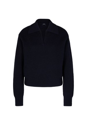 Marineblauer Strickpullover mit tiefem V-Ausschnitt und breitem Kragen. Verfügt über gerippte Bündchen und einen Saum, die für eine strukturierte Optik sorgen.