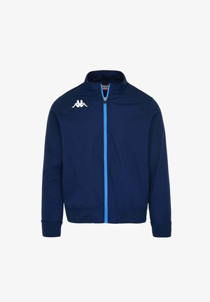 Giubbotto bomber blu navy con zip completa, logo bianco sul lato sinistro del petto e zip a contrasto azzurra chiara. Maniche e orlo a costine.