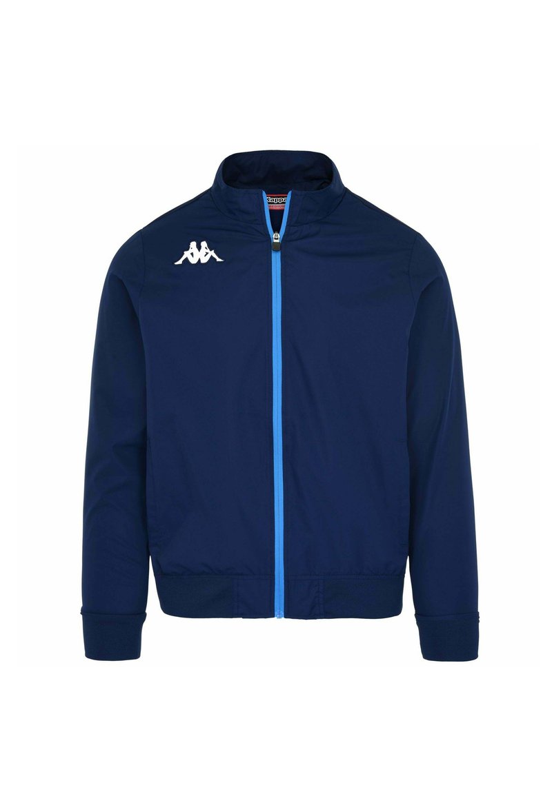 Giubbotto bomber blu navy con zip completa, logo bianco sul lato sinistro del petto e zip a contrasto azzurra chiara. Maniche e orlo a costine.