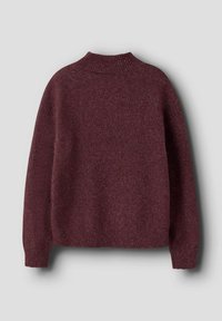 Burgundowa dzianinowa sweter z wysokim ściągaczem, długimi rękawami i luźnym krojem, z akcentami ściągacza na mankietach i brzegach.