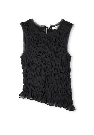 Schwarzes ärmelloses Top mit gerüschter Textur, Fransenabschluss und asymmetrischem Schnitt. Verstellbarer Rückenbindverschluss. Leichter Stoff.