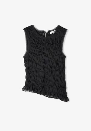 Schwarzes ärmelloses Top mit gerüschter Textur, Fransenabschluss und asymmetrischem Schnitt. Verstellbarer Rückenbindverschluss. Leichter Stoff.
