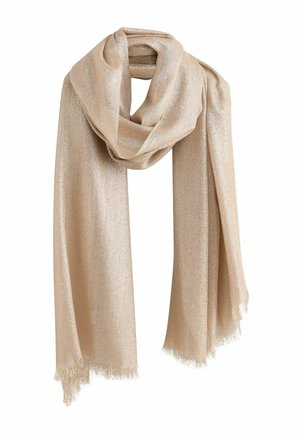 Beige, schimmernder Schal aus einem weichen Material mit einem subtilen Glanz; hat an beiden Enden fransige Kanten.