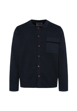 Marineblaues Hemd mit Knöpfen aus strukturiertem Stoff, mit Kragen, langen Ärmeln, einer Brusttasche und Messingknöpfen.
