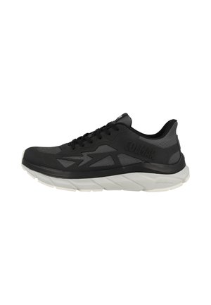Lavsiddet sort og grå atletisk sneaker med mesh overdel, sorte detaljer og chunky hvid sål, designet til urban løb.