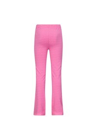 Leggings a campana rosa con un motivo a diamante. Realizzati in tessuto elasticizzato, presentano una superficie liscia e una vita elastica per garantire comfort.