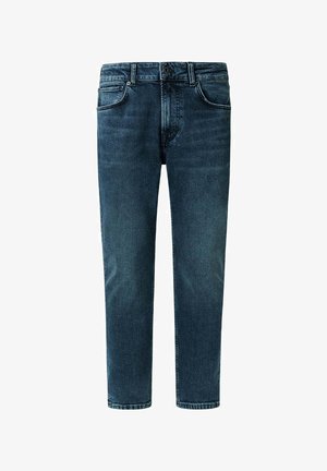 Jeans en denim bleu foncé avec une coupe droite, dotés d'une fermeture éclair, de cinq poches et de légères décolorations sur le tissu.