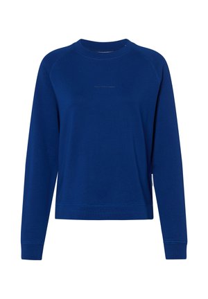 Blaues Sweatshirt mit Rundhalsausschnitt, langen Raglanärmeln, gerippten Bündchen und Saum, mit dezentem Logodetail auf der Vorderseite. Weicher Materialtexture.