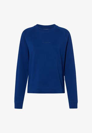 Niebieski sweatshirt z okrągłym dekoltem, z długimi rękawami raglanowymi, z prążkowanymi mankietami i dołem, z subtelnym logo z przodu. Miękka tekstura materiału.