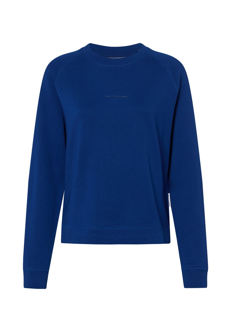 Felpa blu a girocollo con maniche raglan lunghe, polsini e orlo a costine, caratterizzata da un delicato dettaglio del logo sul davanti. Tessuto morbido.