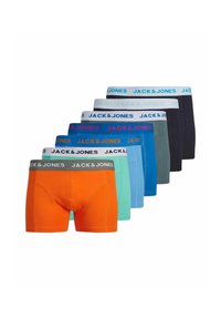 Nyolc darabból álló boxer alsó szett különböző színekben: narancssárga, türkiz, kék, szürke, fekete, elasztikus "JACK & JONES" derékrésszel. Pamut anyag.