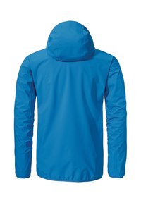 Blau wasserdichte Jacke mit Kapuze, glatter Textur, langen Ärmeln, elastischen Bündchen und verstellbarem Zugband am Saum.