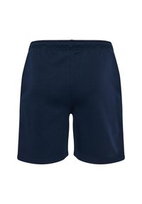 Marineblauwe sportshorts met een elastische tailleband, gemaakt van zachte stof, met een eenvoudig ontwerp zonder zichtbare accenten of patronen.