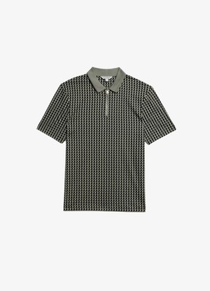 Polo à motif géométrique noir et beige, avec un col gris et une fermeture éclair sur le devant. Tissu légèrement texturé.