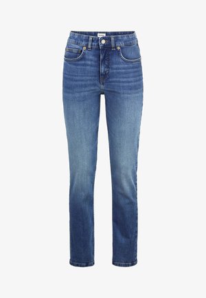 Blaue Jeans mit geradem Bein, leicht ausgewaschen an Oberschenkeln und Knien, mit Vordertaschen, Gürtelschlaufen und Metallknopfverschluss.