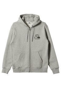 Sudadera con cremallera en gris claro, con bolsillos frontales, cordones y un logo negro de Quiksilver que presenta una ola y una montaña en el lado izquierdo del pecho.