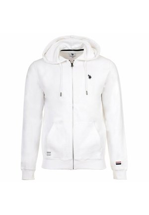 Biała bluza z kapturem na zamek błyskawiczny, z przednimi kieszeniami, regulowanym sznurkiem przy kapturze, małe czarne logo na piersi oraz trójkolorowy detal na mankiecie lewej rękawa.