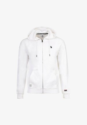Sweat à capuche blanc à fermeture éclair avec poches avant, capuche réglable avec cordon, petit logo noir sur la poitrine et détail tricolore sur le bord de la manche gauche.