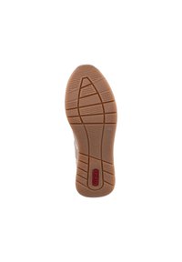 Rubber shoe sole with a textured pattern, featuring a light brown color and a red logo. Shape is ergonomic with grip-enhancing grooves.