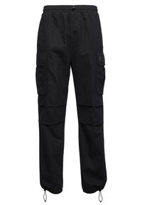 Black cargo pants with a drawstring waist, featuring two side pockets, a loose fit, and elastic cuffs at the ankles. Made from durable fabric.