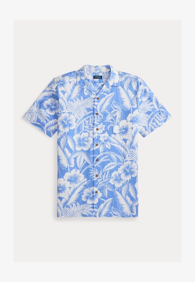 Svetlomodra kratka srajca s kratkimi rokavi, belimi tropskimi cvetličnimi in listnatimi vzorci, lesenimi gumbi in klasičnim ovratnikom.