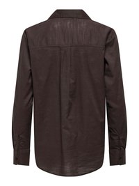Chemise marron foncé à manches longues vue de dos, avec col, poignets boutonnés et couture centrale au dos.