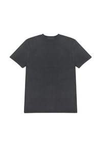 Donkergrijze t-shirt met korte mouwen en een ronde hals. Kenmerkt zich door een zachte, gladde textuur en een rechte snit, zonder zichtbare patronen of hardware.