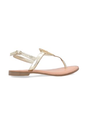 Guldmetalisk flad sandal med en tynd stropdesign, en tåpost og udsmykning på overdelen. Lyserød polstret indersål.