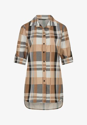 Karierte Hemdbluse mit Kragen, in braun, beige und grau; Dreiviertelärmel; schwarze Knöpfe; gebogener Saum.