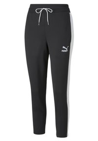 Pantalones deportivos negros con franjas laterales blancas, con cintura ajustable, corte slim y un pequeño logo blanco en el muslo izquierdo.