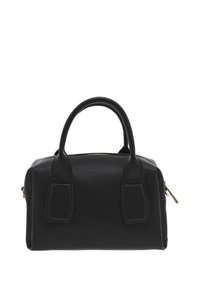 Sac à main en cuir noir avec une texture granuleuse, anses supérieures arrondies et une fermeture éclair dorée. Forme compactes et rectangulaire avec un design minimaliste.