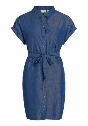 Rövid ujjú kék farmer ingruha gallérral, elülső gombokkal, mellzsebbel és megkötős derékövvel.