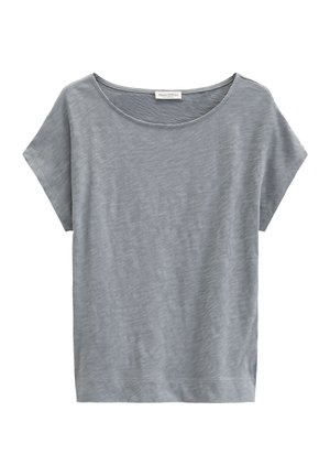 Hellgraues Damen-T-Shirt mit kurzen Ärmeln, weiter Rundhalsausschnitt und dezentem Muster, flach auf weißem Hintergrund dargestellt.