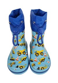 Blauwe kinderregenlaarzen met gele patronen van bouwvoertuigen en verkeerskegels, voorzien van verstelbare blauwe trekkoorden.